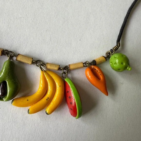 Handmade Tropical Fruit Charm Necklace Black Cord Artisan Boho 18 Inch - Picture 4 of 6